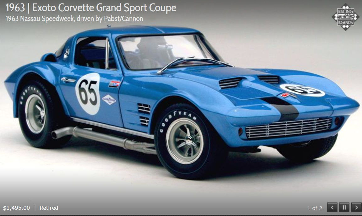 Exoto 1/18 1963 Chevy Corvette Grand Sport Coupe #65 Nassau Pabst / Cannon  18023