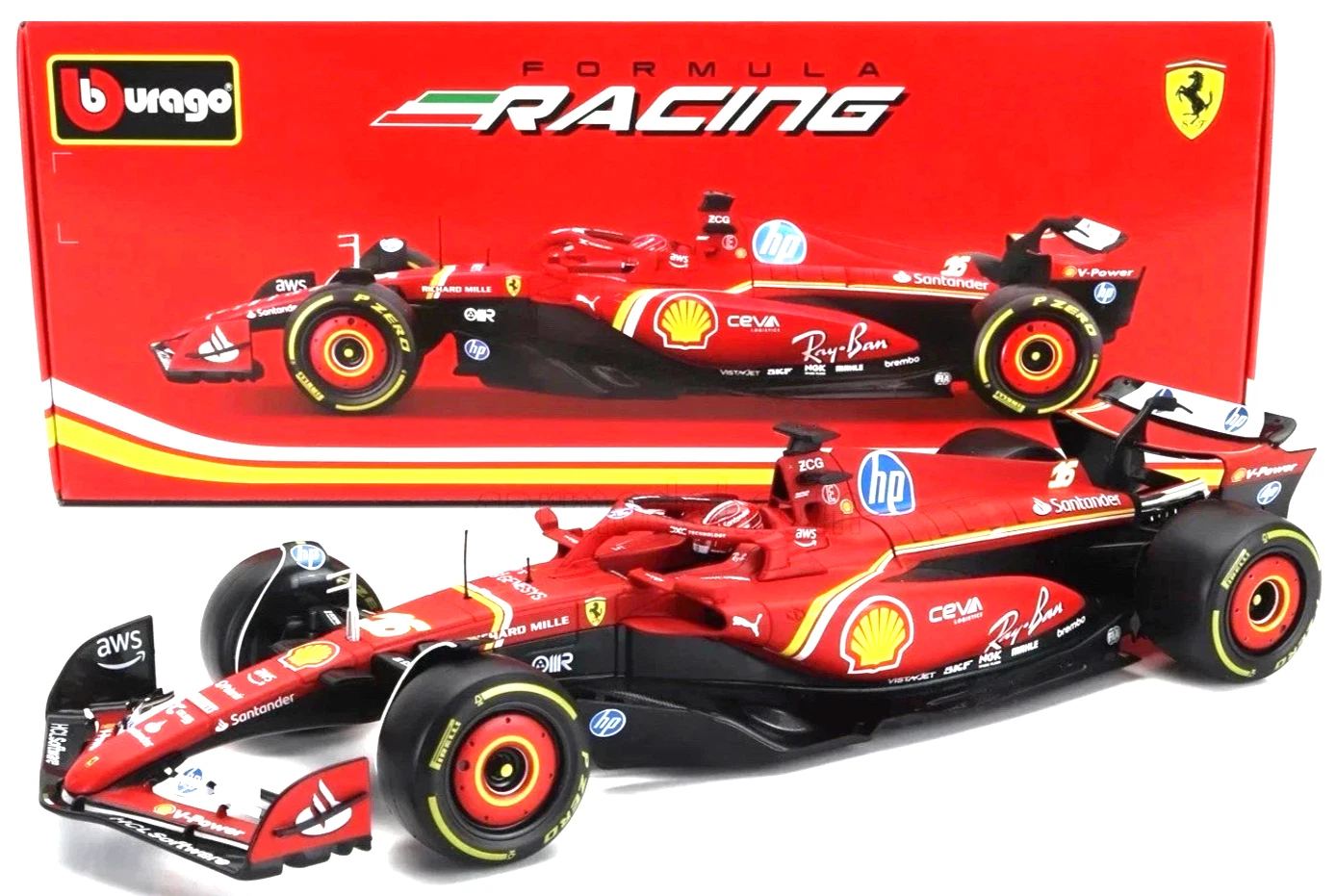 Red Ferrari Formula Racing Model Car Red Ferrari Formula racing model car with black tires and sponsor decals, shown before a red branded display box.