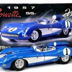 Blue 1:18 1957 Corvette SS die-cast model with white number 1 decals, shown before its black display box.