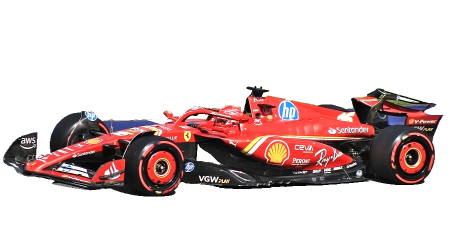 Red Ferrari Formula 1 Race Car Red Ferrari Formula 1 race car with black aerodynamic panels, number 16, and red-rimmed slick tires.