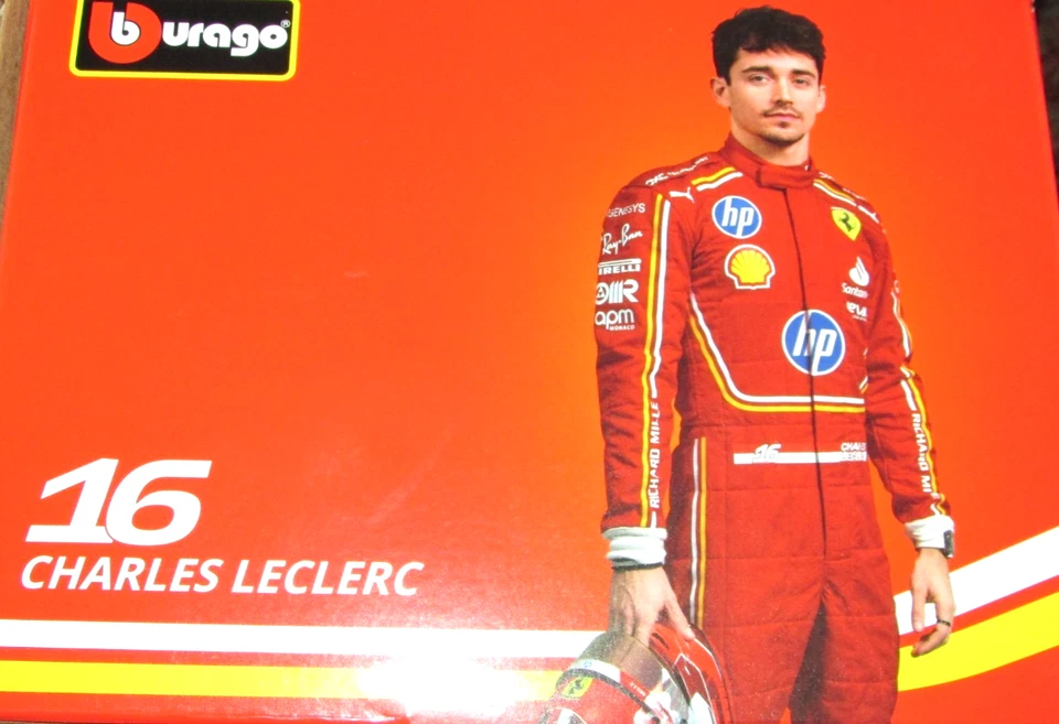 Bburago Charles Leclerc No. 16 Packaging Bburago packaging showing Charles Leclerc in a red Ferrari racing suit, holding a helmet, with No. 16 text.