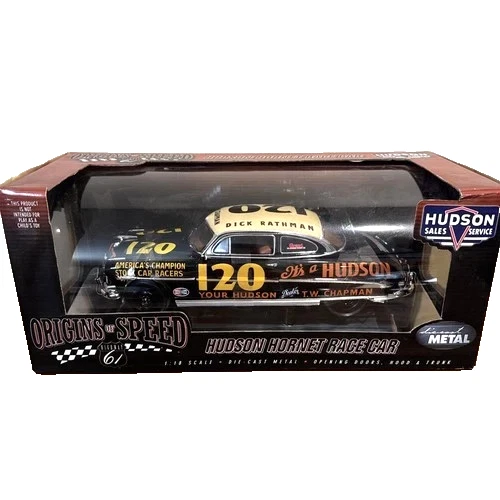 Black and gold Hudson Hornet race car die-cast model in a clear-front Origins of Speed box, marked number 120.